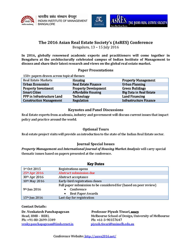The 2016 Asian Real Estate Society’s (AsRES) Conference