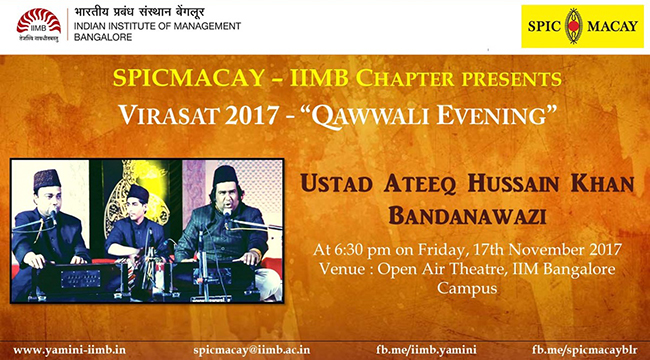 SPICMACAY-IIMB presents Qawwali Evening by Ustad Ateeq Hussain Khan Bandanawazi on Nov 17