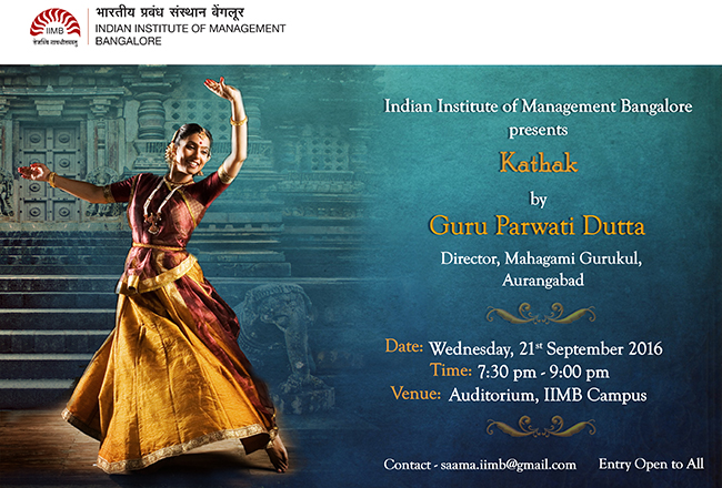 Kathak by Guru Parwati Dutta at the IIMB Auditorium on September 21 from 7:30 pm to 9 pm