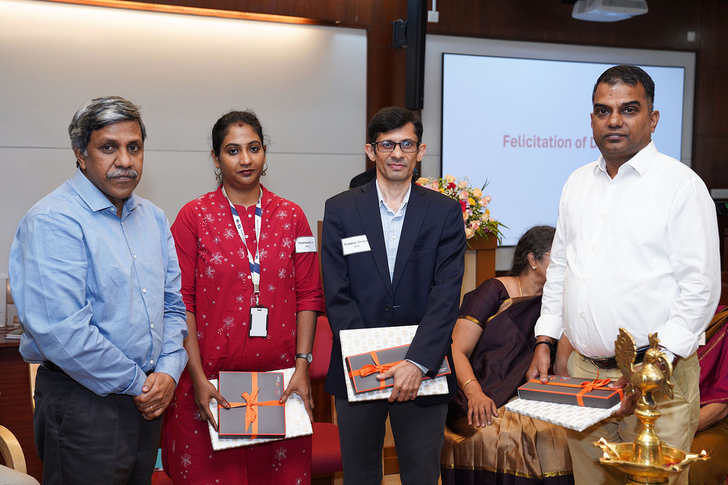 Donors’ felicitation 1 -- Prof. P D Jose with Padmavathy S, Pradeep Shripad, Ramanathanan A -- donors from NeSL
