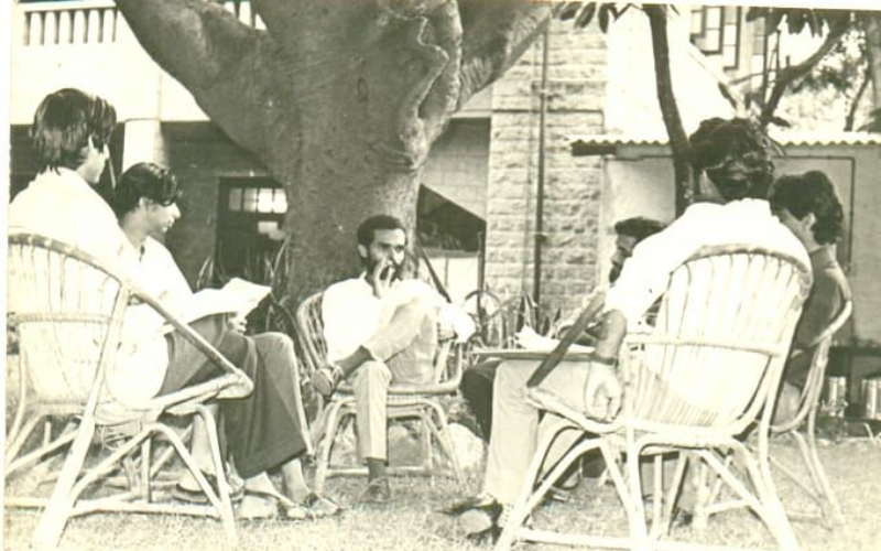 Student group discussion at old campus.