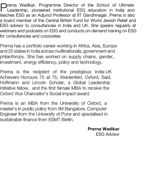Prerna Wadikar, Programme Director of the School of Ultimate Leadership, pioneered institutional ESG education in Ind...