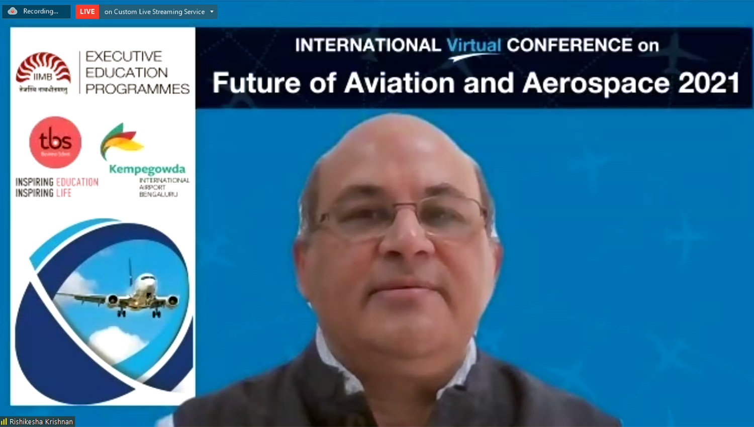 Prof. Rishikesha T Krishnan, Director, IIMB, delivers the inaugural address at the International Virtual Conference on Future of Aviation and Aerospace 2021 on February 17.