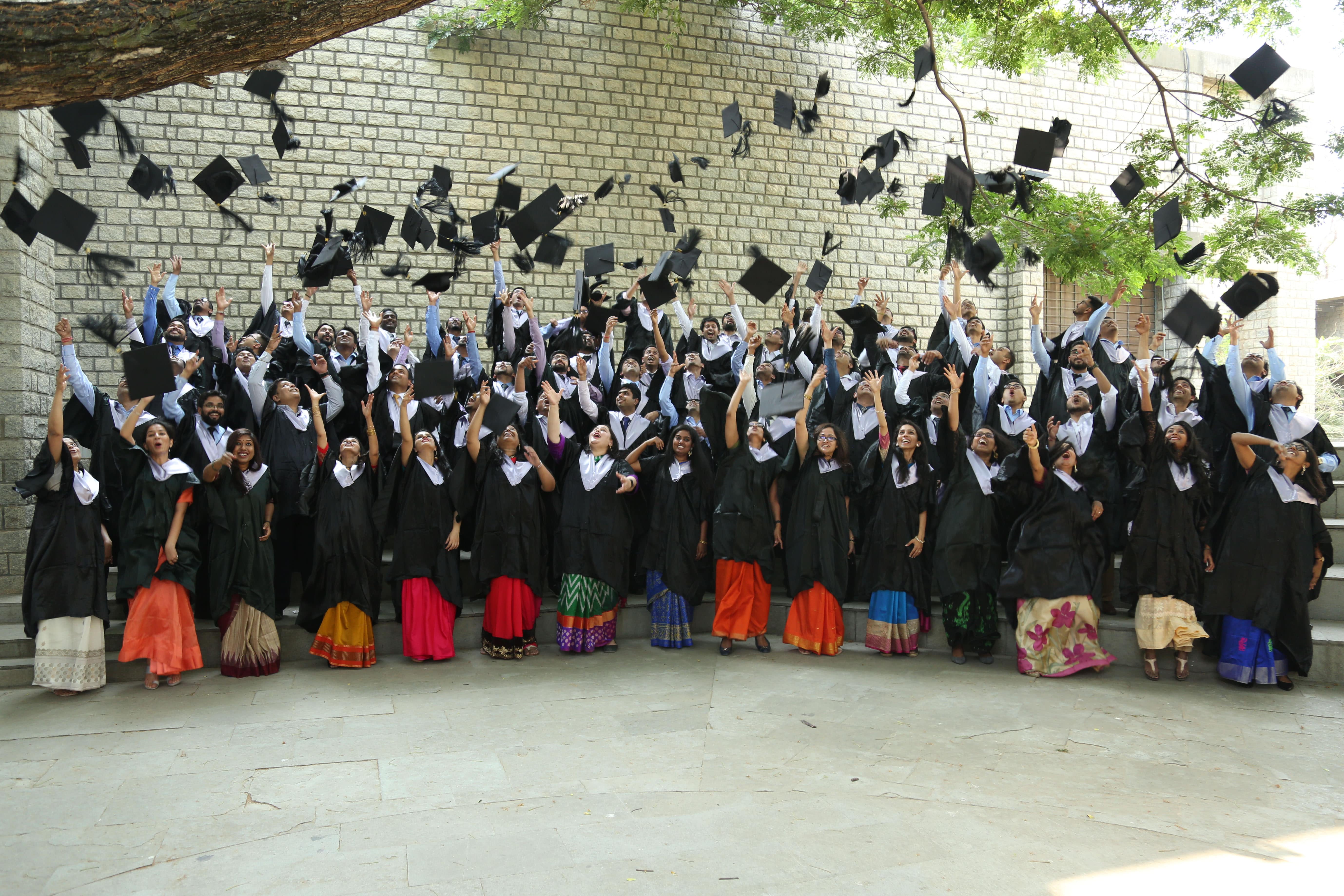 Students of the one-year MBA  – the Executive Post Graduate Programme in Management, at IIMB, celebrate at the convocation on March 22, 2019.