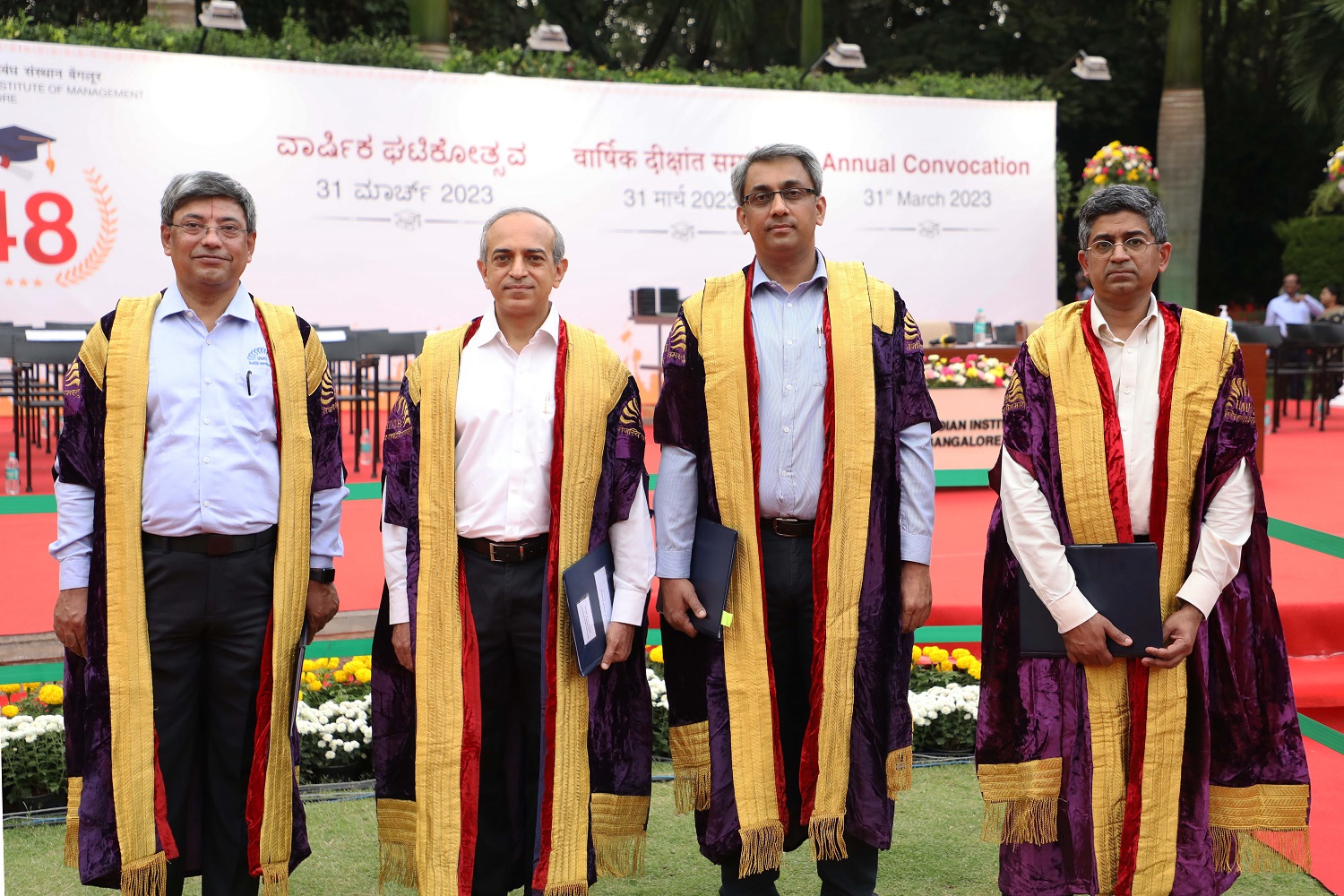 (L-R) Prof. R Srinivasan, Chairperson, PGP & PGP-BA; Prof. Ashok Thampy, Chairperson, EPGP; Prof. Allen P Ugargol, Chairperson, PGPEM; and Prof. Ananth Krishnamurthy, Chairperson, PhD programme at IIMB, at the convocation.