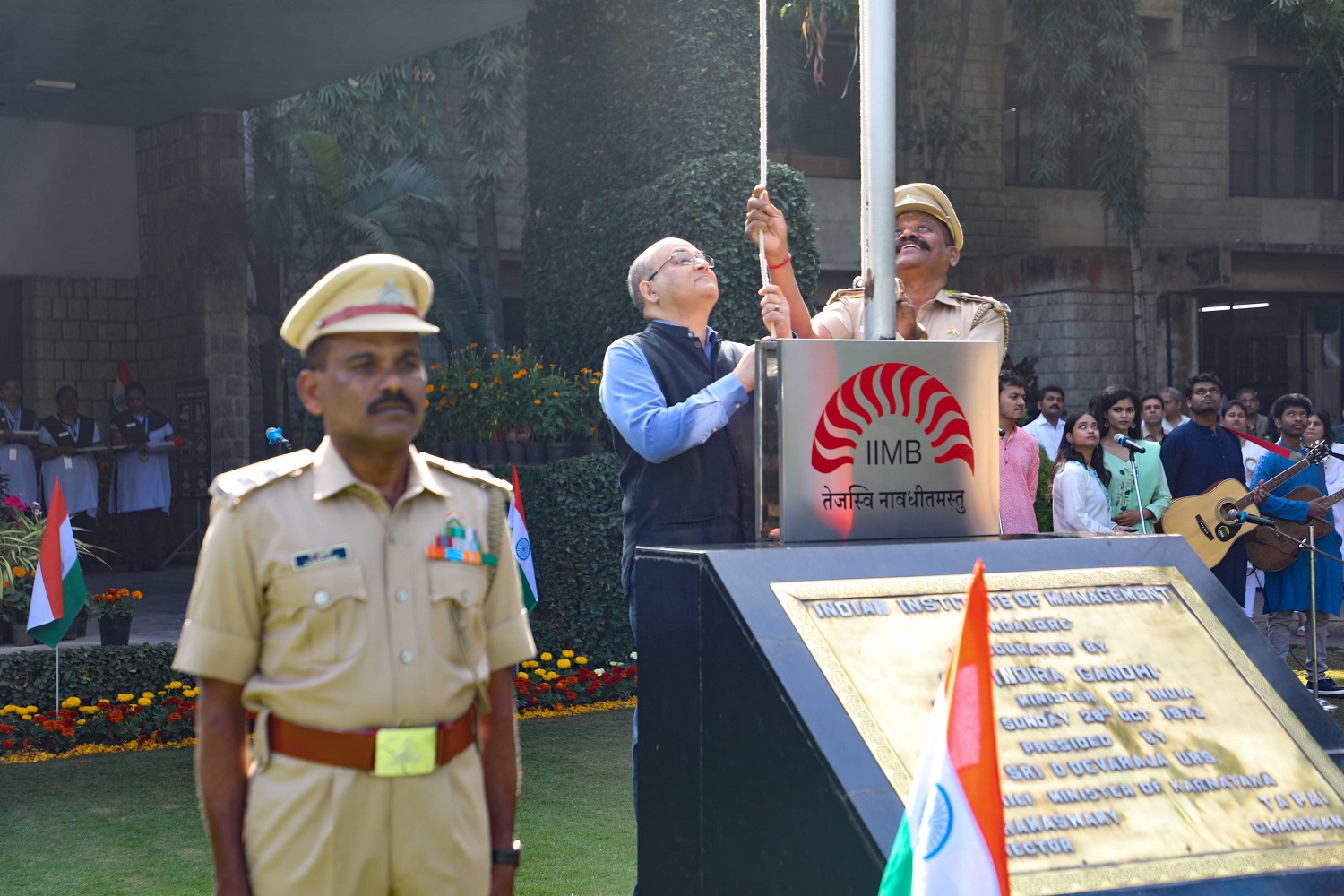 Prof. Rishikesha T Krishanan, Director, IIMB, hoists the flag at IIMB campus.