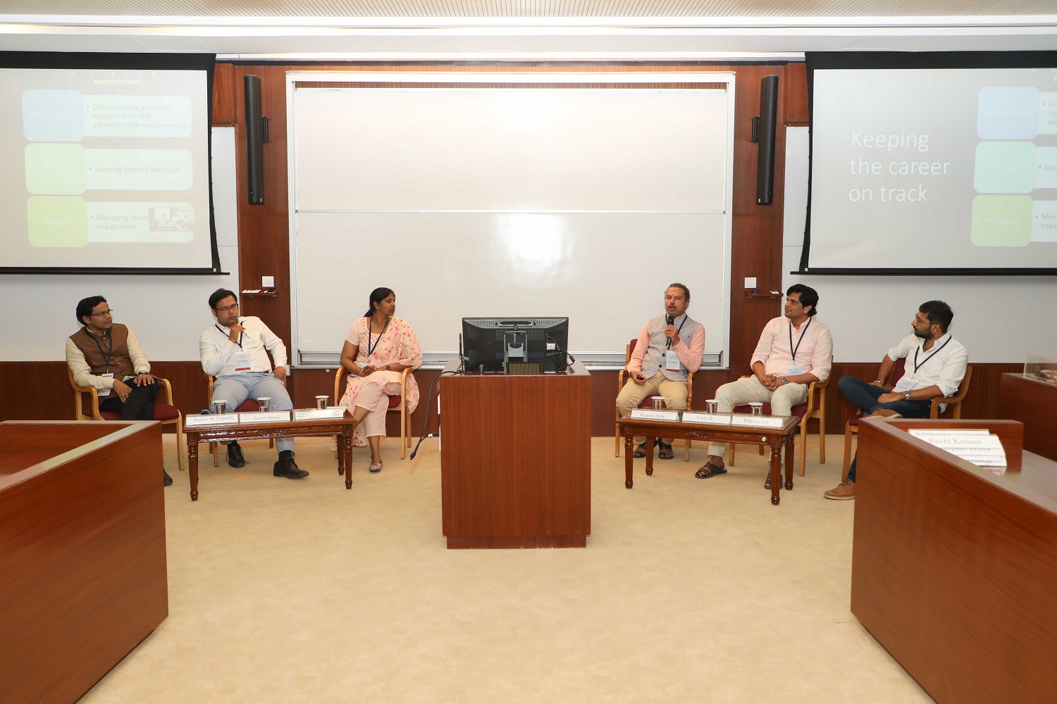 (L-R) Dr Rajeev R. Tripathi, IIM Bangalore, Dr. Sourav Borah, IIM Ahmedabad, Dr. Sowmya Subramaniam, IIM Lucknow, Dr. Kumar Alok, XLRI Jamshedpur, Dr. Vipin B, IIT Kanpur, and Dr. Prateek Raj, IIM Bangalore, at the panel discussion on ‘Navigating an Academic Career: Insights from Early-Career Academics’.