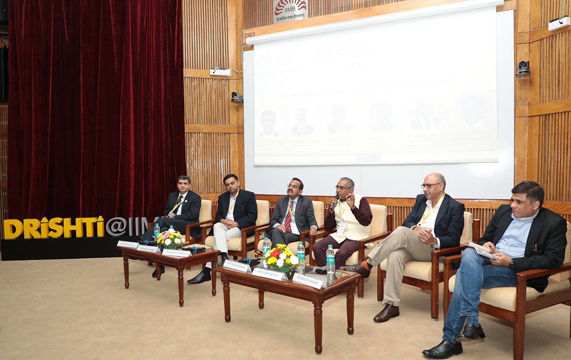 (L-R) Dr. Mayank Dwivedi, Director, Directorate of Industry Interface & Technology Management, DRDO; Tathagat Varma, Country Manager, NerdWallet; N. K. Venkataramana, Neurosurgeon & Founder, ANSA Research Foundation; Piyush Kumar Chowhan, Chief Information Officer, Arvind Lifestyle Brands Limited‬; Anilesh Seth, Country Head, Legato Health Technologies LLP and Prof. Prakash Bagri, Adjunct Faculty, IIMB at the panel discussion on Technological Disruption. ‬‬