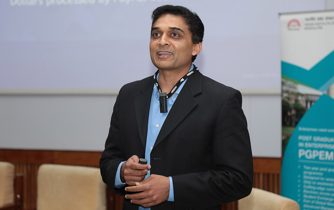 Guru Bhat, GM-Technology, Paypal, addresses the audience at Drishti 2019 – the leadership summit hosted by the students of the Post Graduate Programme in Enterprise Management (PGPEM) at IIMB on February 10, 2019.
