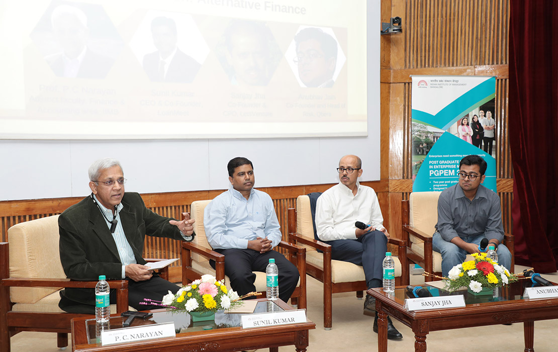Prof. PC Narayan, Adjunct Faculty, Finance and Accounting area, IIMB, moderates the panel discussion on ‘Alternative Finance’ at Drishti 2019 – the leadership summit hosted by the students of the Post Graduate Programme in Enterprise Management (PGPEM) at IIMB on February 10, 2019. (L-R) Prof. PC Narayan, Sunil Kumar, CEO & Cofounder, Loanmeet, Sanjay Jha, Co-Founder, LetsVenture, and Anubhav Jain, Co-Founder and Head of Risk, Qbera.