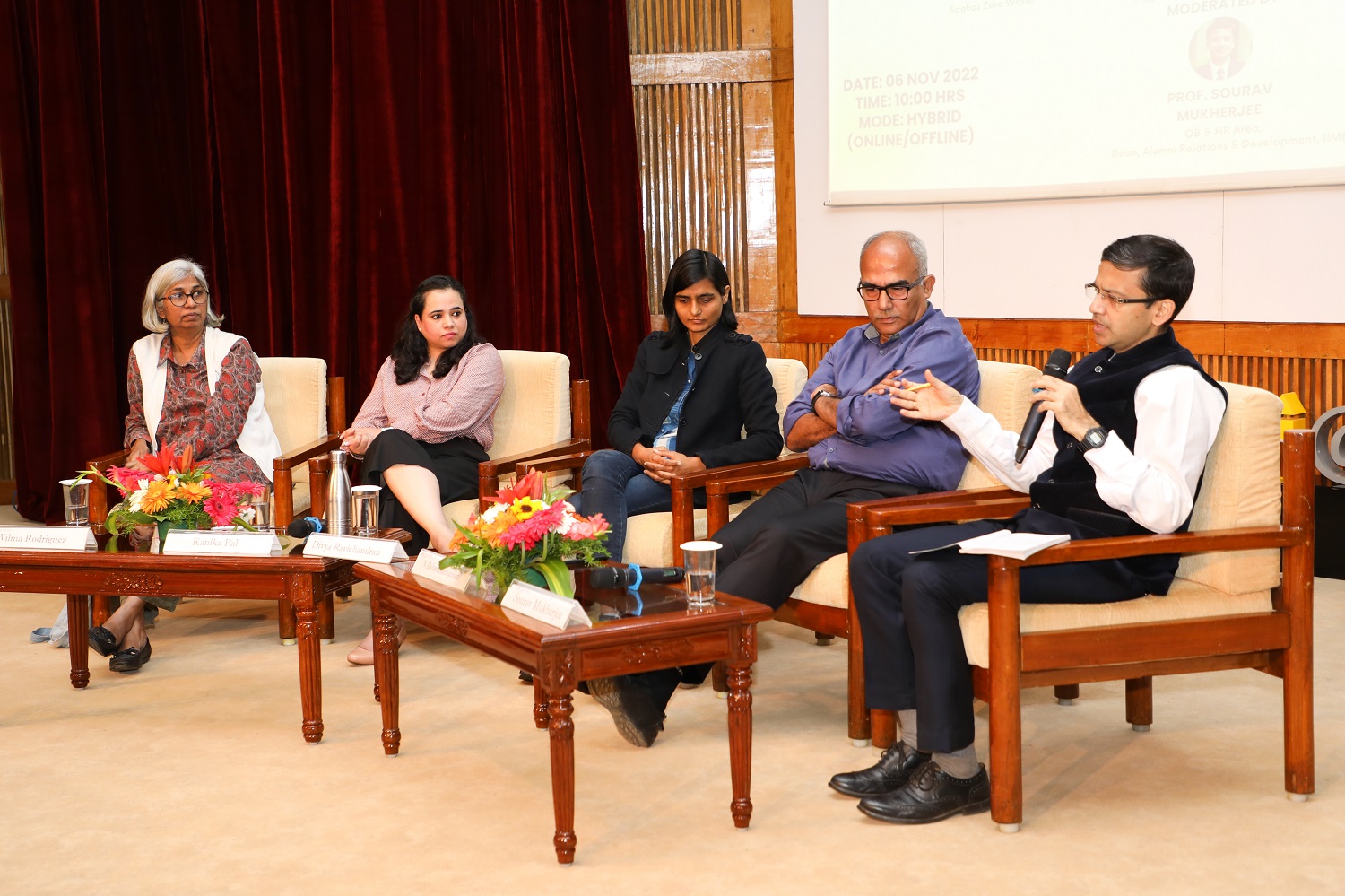 Prof. Sourav Mukherji, Organizational Behavior & Human Resources Management Dean, IIMB, moderates the panel discussion on India’s Sustainability Goals - Are we on track? at Drishti 2022 – the leadership summit hosted by the students of the Post Graduate Programme in Enterprise Management (PGPEM) at IIMB on November 06th 2022. (L-R) Wilma Rodriguez, Founder, Saahas; Kanika Pal, South Asia Head, HUL; Divya Ravichandran, Founder, Skrap; Raj Seelam, Founder, 24mantra.