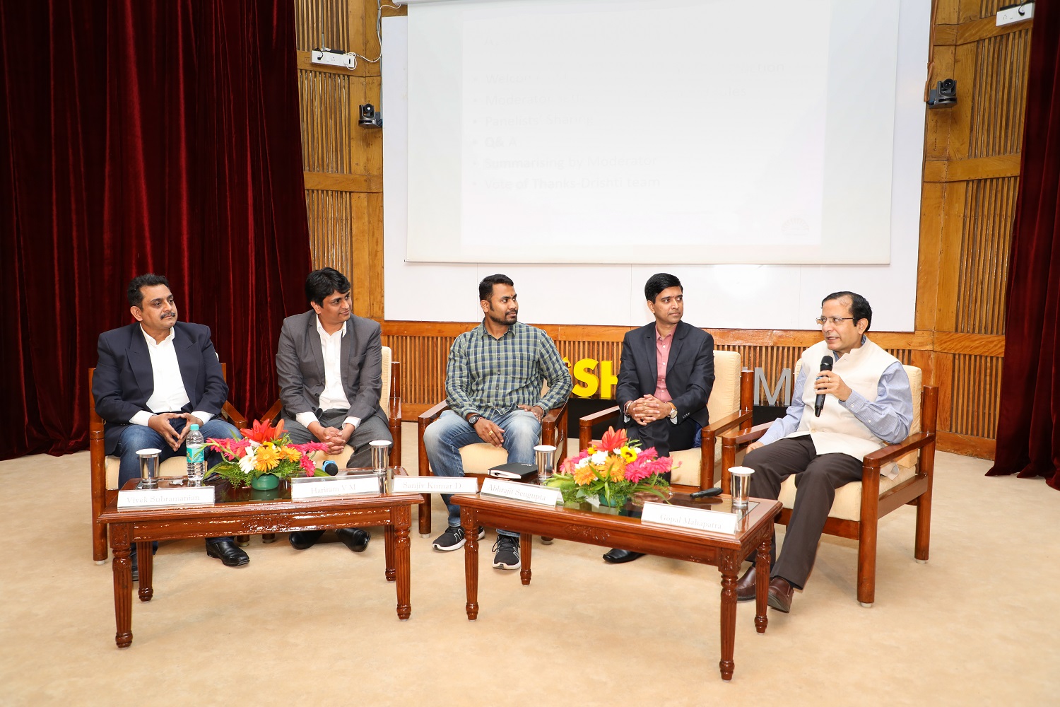 (L-R) Vivek Subramanian, Director, Talent Development, Fidelity Investments; Hariram V M, HR Leade, Adecco Group; Sanjiv K Dasmohapatra, Sr. Manager, People Analytics & Tech Trans, Hubilo; Abhrajit Sen Gupta, HR Site Lead, India Ops, AZ; Prof. Gopal Mahapatra, Faculty from the Organizational Behavior & Human Resources Management area, IIMB, at the panel discussion on Enriching Talent Experience for Business Sustainability at Drishti.