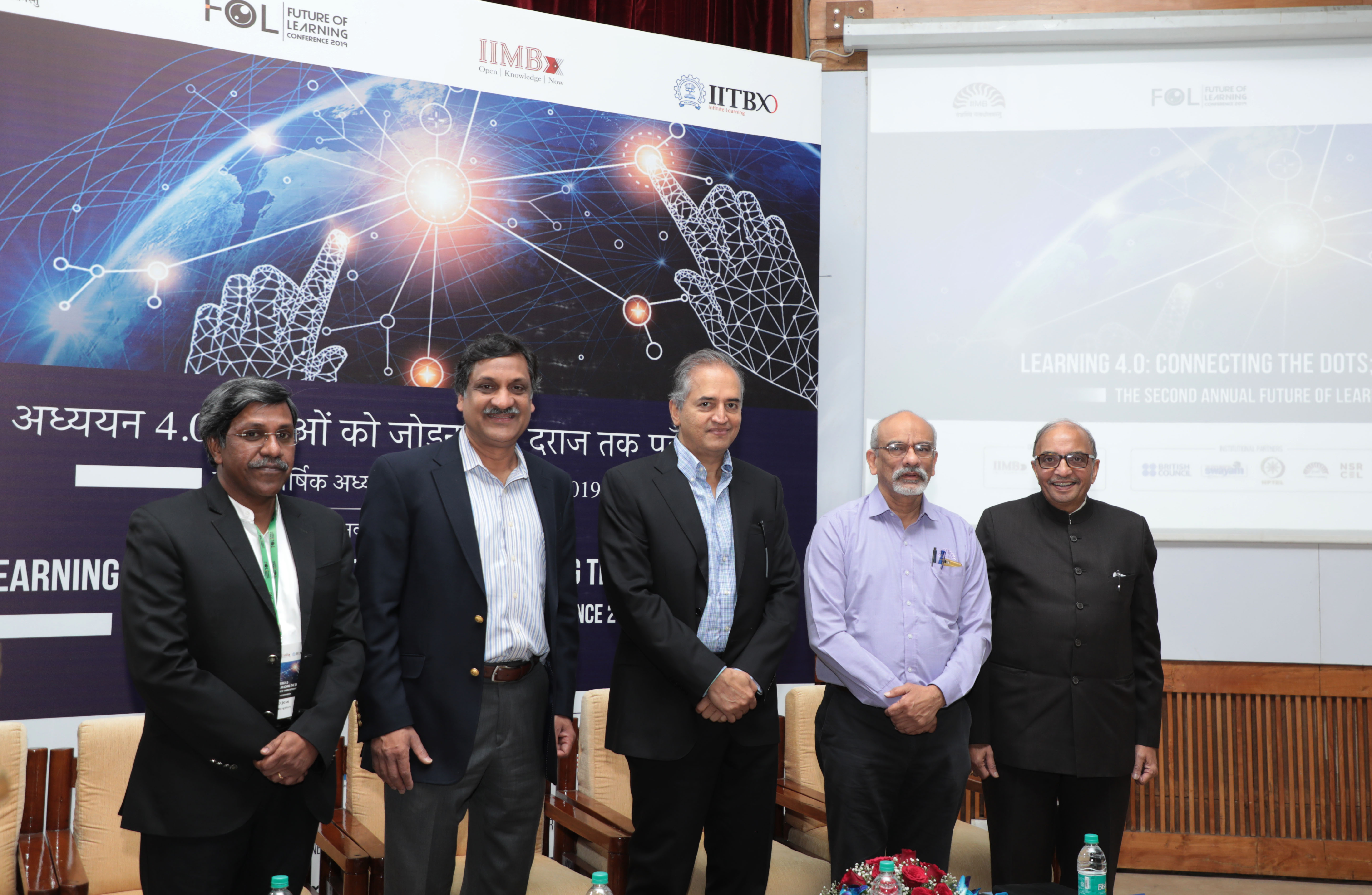 (L-R): Prof. P D Jose, Conference Co-Chair, IIMB, Prof. Anant Agarwal, CEO, edX, Dr. Devi Shetty, Chair, Board of Governors, IIMB, Prof. G. Raghuram, Director, IIMB, and Prof. Deepak B Phatak, Conference Co-Chair, IIT-Bombay, at the Future of Learning Conference, co-hosted by IIMB and IIT-Bombay, at IIMB, on January 04, 2019.
