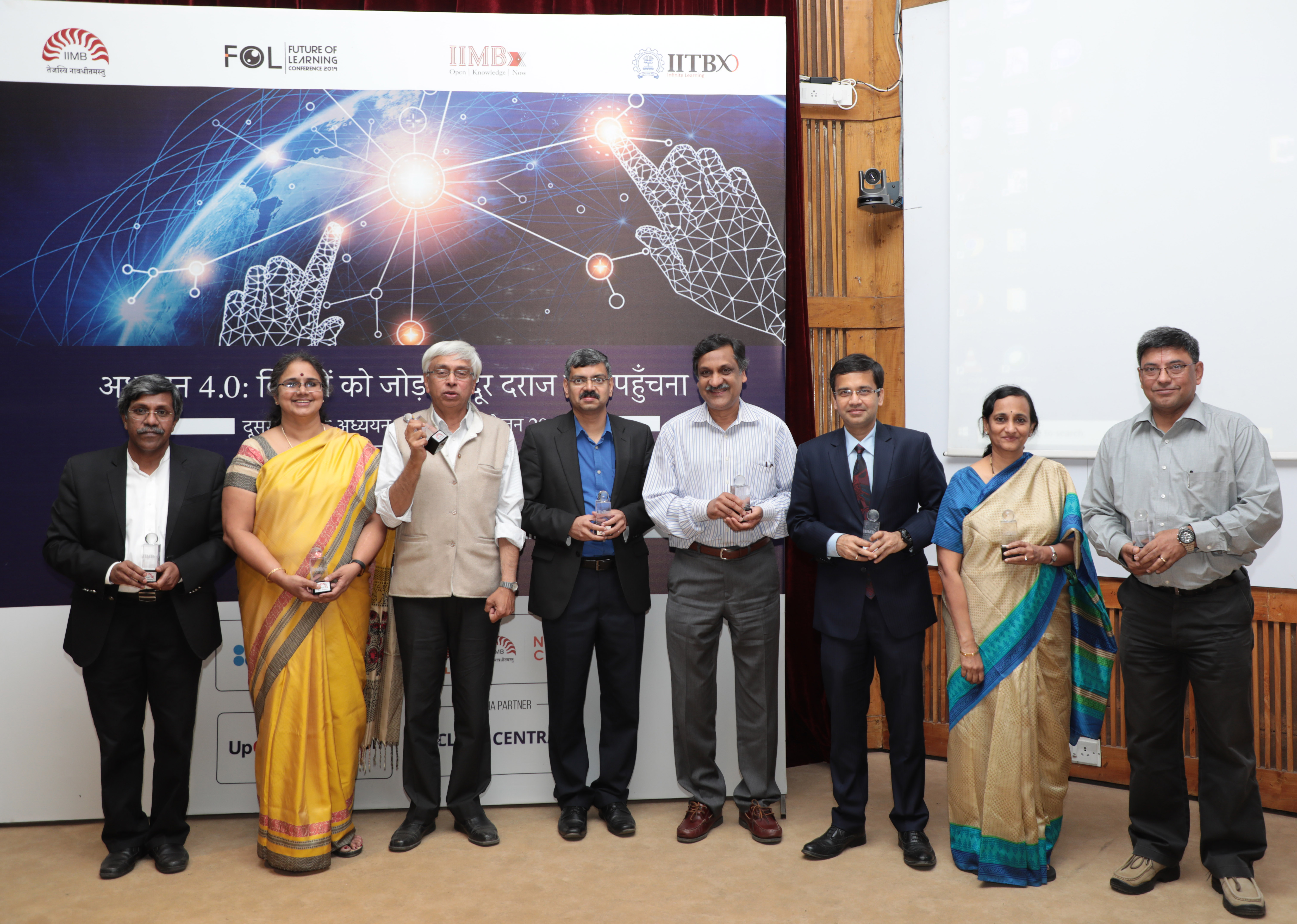 IIMBx celebrates the 1 millionth learner registration at the FoL Conference on January 04, 2019, and felicitates IIMB faculty members who teach MOOCs. (L-R) Professors PD Jose (Strategy), Vasanthi Srinivasan (OBHRM), N Bringi Dev (Management Communication), Rejie George Pallathitta (Strategy), Anant Agarwal, Founder-CEO, edX, Sourav Mukherji (OBHRM), Padmini Srinivasan (Finance & Accounting), and R. Srinivasan (Strategy).