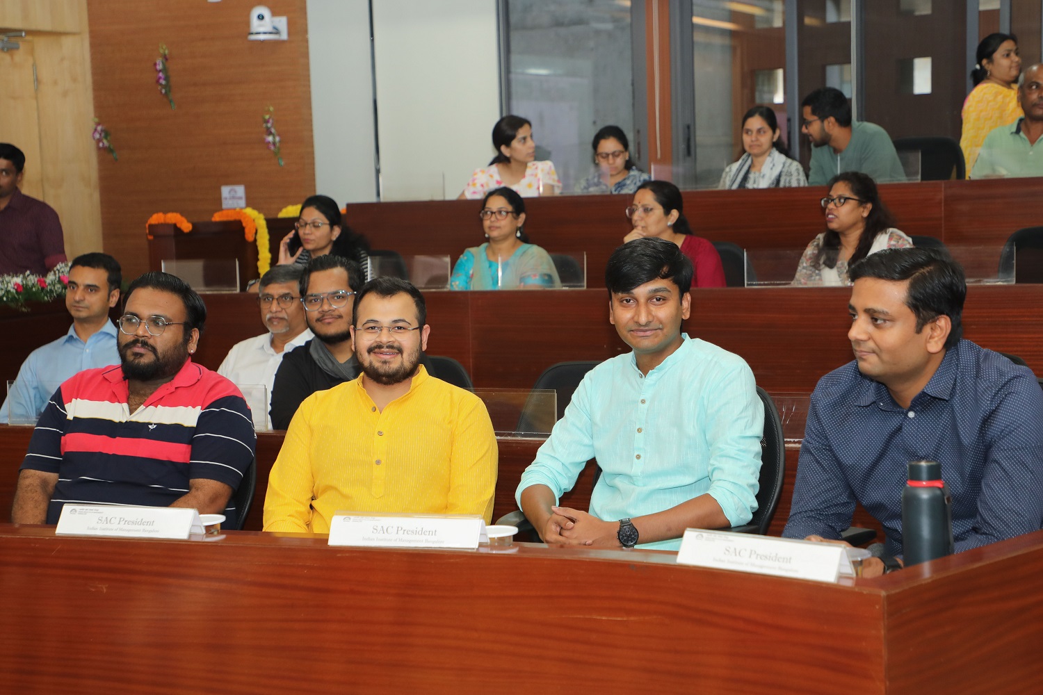 Student Affairs Council Presidents of IIMB’s degree-granting programs at the launch of the IIMB song, at IIMB today. (L-R) Abhishek Bhattacharjee, Harsav Bessariya, Govinda Raju M, and Saurav Kumar represent their batches at the launch.