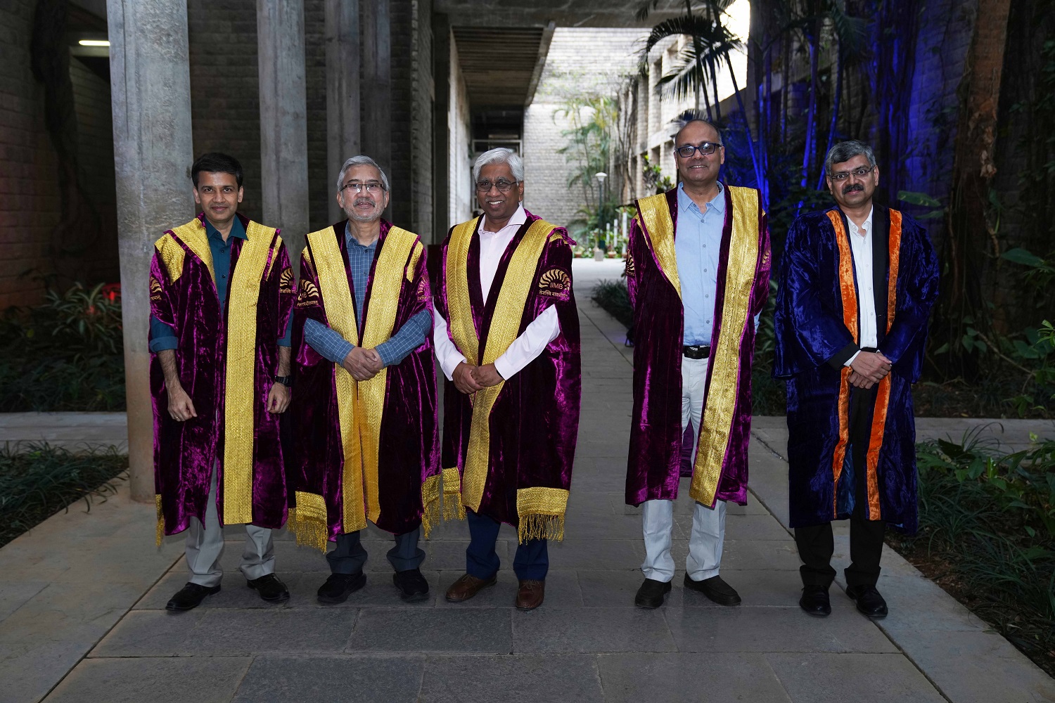 (L-R) Prof. Sourav Mukherji, Dean, Alumni Relations & Development, Prof. Rahul Dé, Dean, Programmes, Prof. Rajendra K Bandi, Dean, Administration, Prof. Chetan Subramanian, Dean Faculty, and Prof. Rejie George Pallathitta, faculty in the Strategy area, at the start of the convocation.