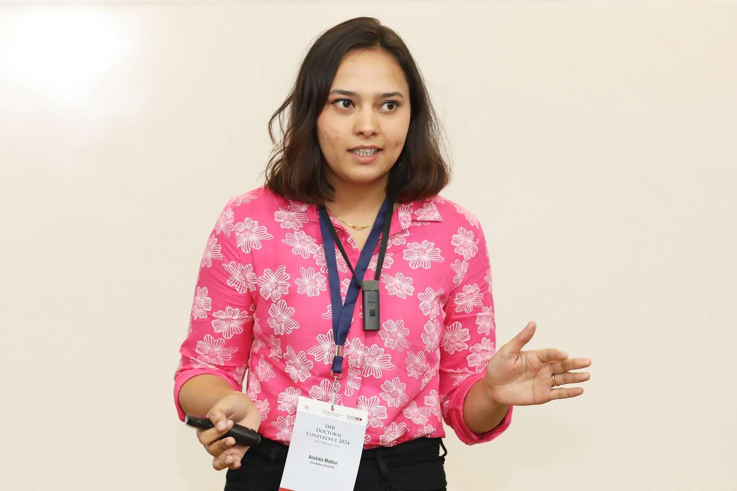 Anshika Mathur, Shiv Nadar University, presents her paper titled, ‘Money matters: Evidence from a conditional cash transfer scheme on child and maternal health’, at the IMR Doctoral Conference, at IIMB on 2nd February 2024.