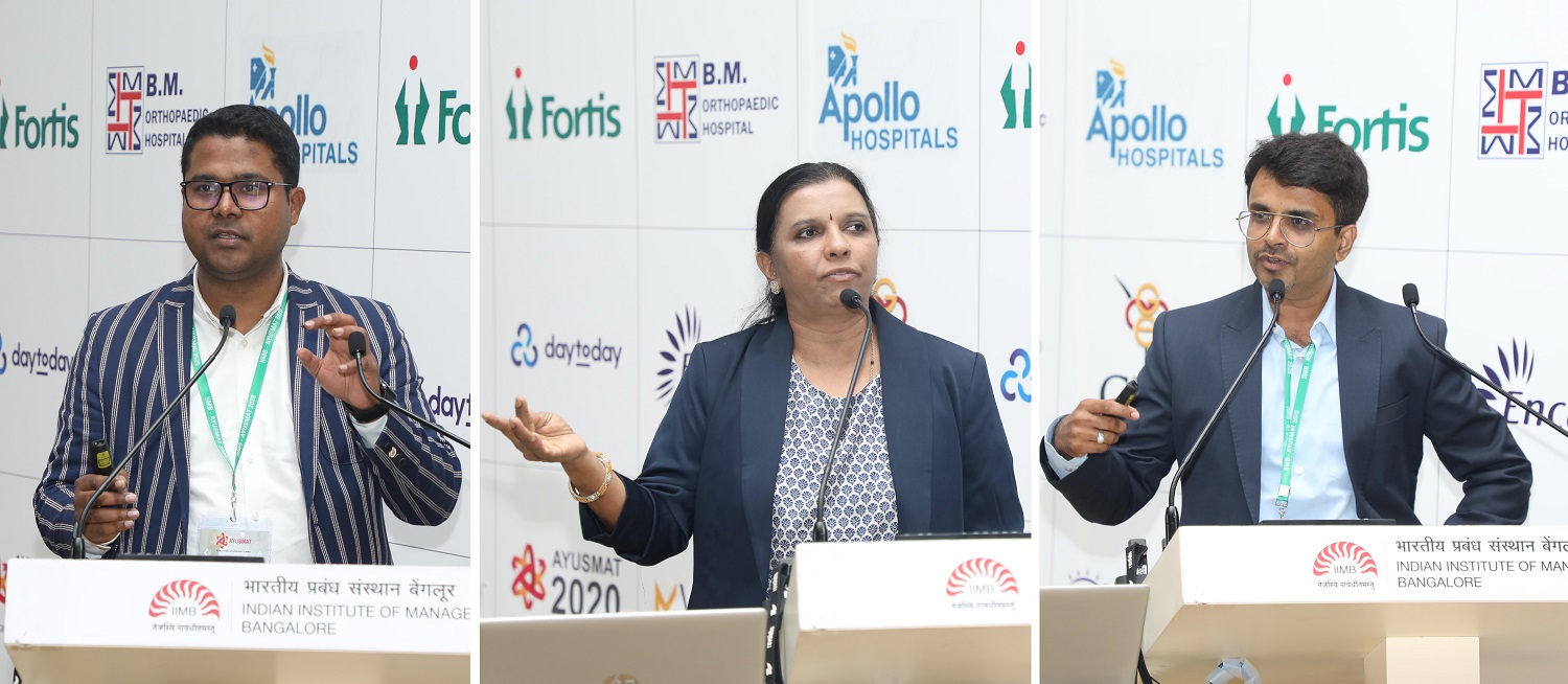 (L-R) Dr. Puneet Gupta, Founder & CEO, Clensta International, Dr. Geetha Manjunath, Founder & CEO, Niramai Health Analytix, and Adarsh Dikshith, Co-founder, IP Ventures, share the ‘Secret Recipe for Healthcare Start-ups’ at Ayusmat 2020.
