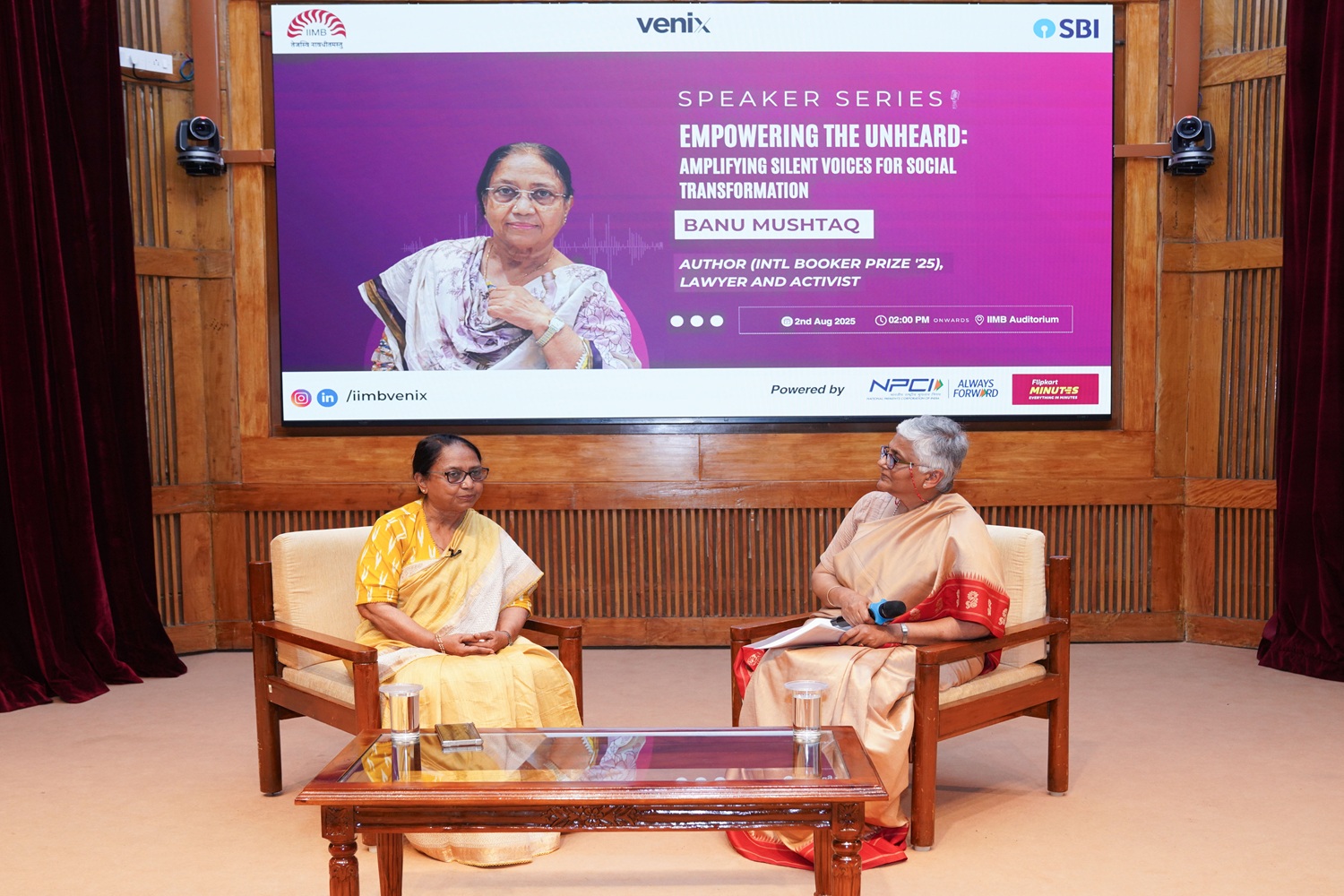 (L-R) Banu Mushtaq, lawyer, activist, and International Booker Prize-winning author, in a speaker session on ‘Empowering the Unheard,’ moderated by Usha KR, former managing editor of IIMB.