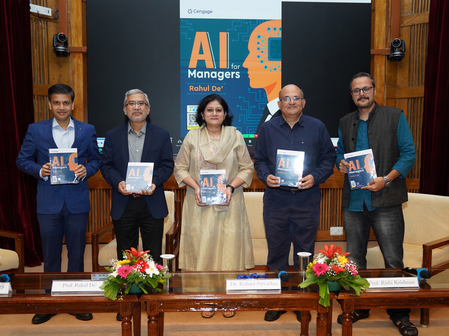 (L-R) Prof. Sourav Mukherji, Dean, Alumni Relations & Development, IIMB; Prof. Rahul Dé, former Information Systems area faculty, IIMB; Dr. Rohini Srivathsa, Chief Technology Officer, Microsoft India & South Asia; Prof. Rishikesha T. Krishnan, Director, IIMB; and Prof. Shankhadeep Banerjee, Chairperson, CSITM, IIMB, unveil Prof. Dé’s new book ‘AI for Managers’ on 24 May 2025. 