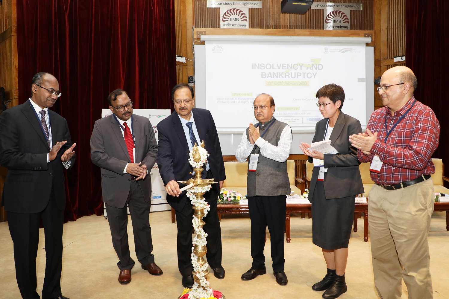 Hon’ble Chief Justice (former) Ramalingam Sudhakar, President, National Company Law Tribunal, inaugurates the three-day second International Research Conference on Insolvency and Bankruptcy organized by IIMB’s Centre for Capital Markets and Risk Management, in partnership with the Insolvency and Bankruptcy Board of India, on 23 February 2023. Also present is Prof. Rishikesha T Krishnan, Director, IIM Bangalore, along with other dignitaries.