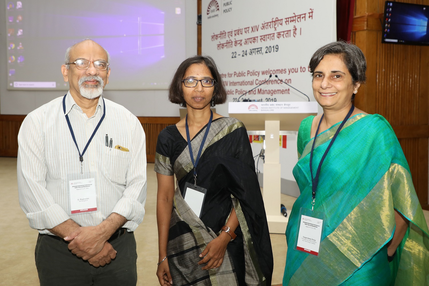 Professor G. Raghuram, Director, IIMB, Prof. Hema Swaminathan, Chair, Centre for Public Policy, and Gagandeep Kang, Executive Director, Translational Health Science and Technology Institute, Faridabad, at the XIV Annual Conference on Public Policy and Management, organized by the Centre for Public Policy at IIMB, on August 22, 2019. 