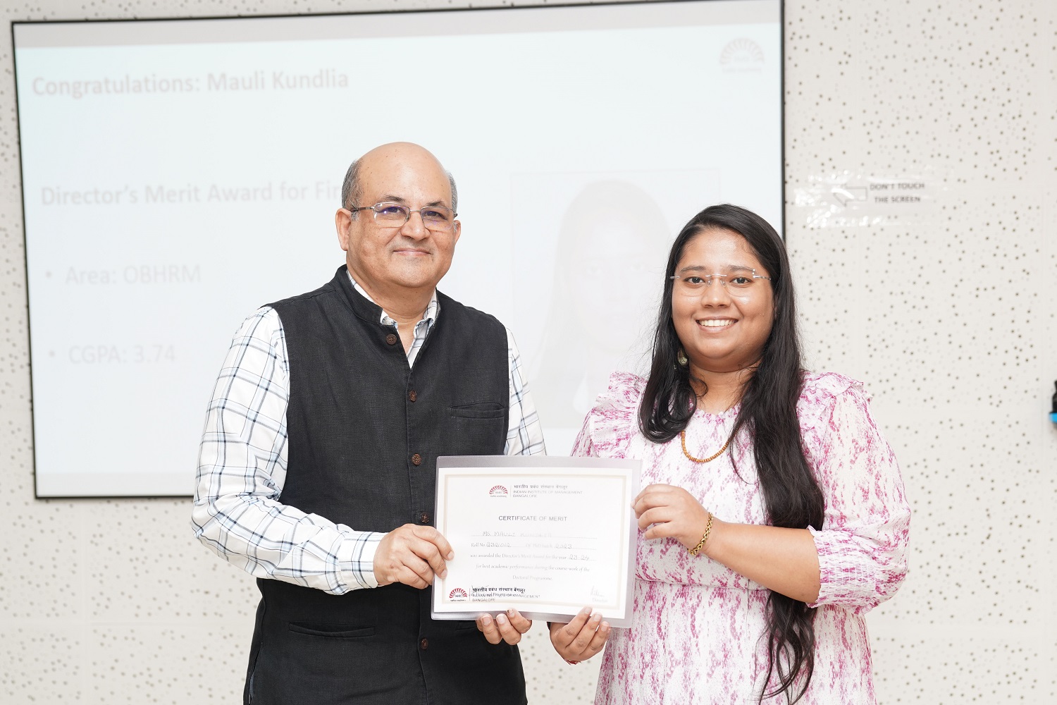 Mauli Kundlia, a PhD scholar in the Organizational Behavior & Human Resources Management area, received the Director's Merit List (DML) award for the first year.    