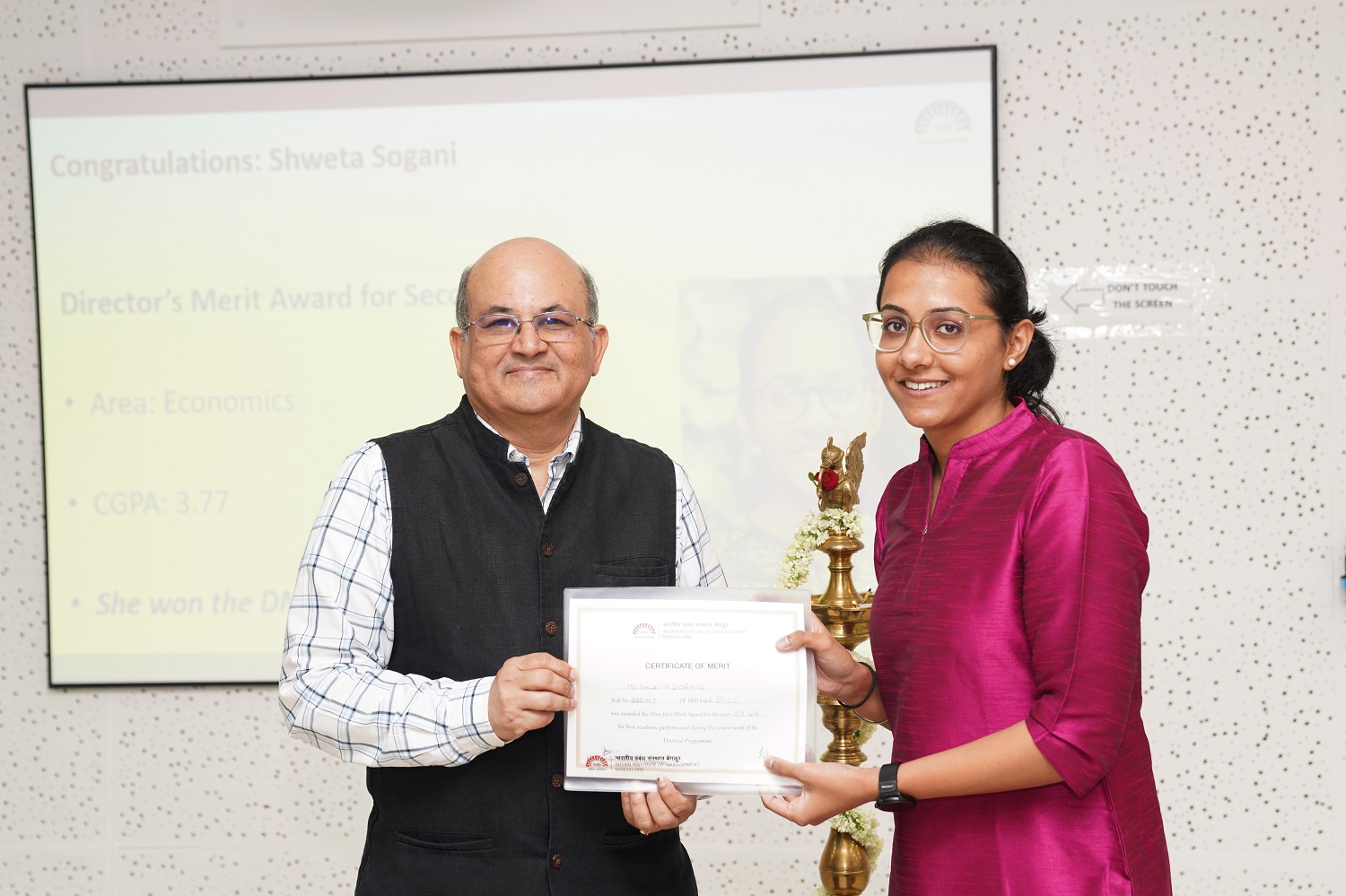 Shweta Sogani, a PhD scholar in the Economics area, received the Director's Merit List (DML) award for the second year. 