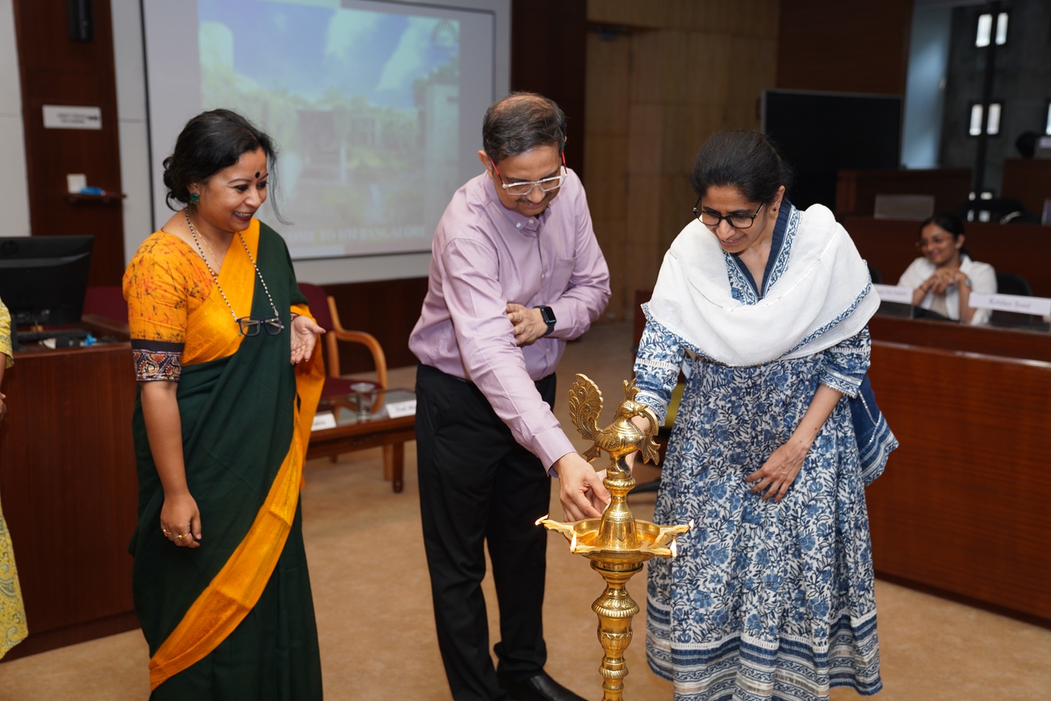 (L-R) Lopamudra Dewan, Associate Manager, CTL; Programme Director Prof. Sushanta K Mishra, Chairperson, CTL; and Prof. Mukta Kulkarni, Dean Programmes, at the inauguration of the first batch of the Certificate Programme in Economics and Data Science (ECODS) for Grade XII students, organized by the Centre for Teaching & Learning (CTL) at IIM Bangalore on 27 April 2026.