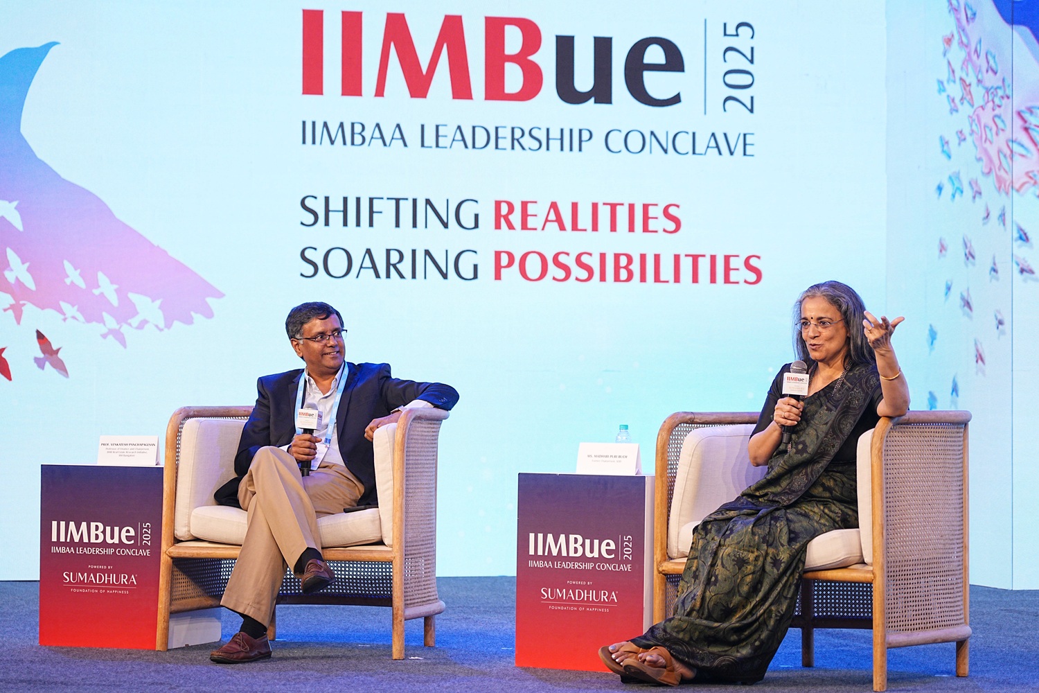 (L-R) Prof. Venkatesh Panchapagesan, faculty of Finance & Accounting and Chairperson of IIMB Real Estate Research Initiative, in conversation with Madhabi Puri Buch, Former Chairperson of SEBI, during the fireside chat ‘Charting the Future of Capital Markets in India’.