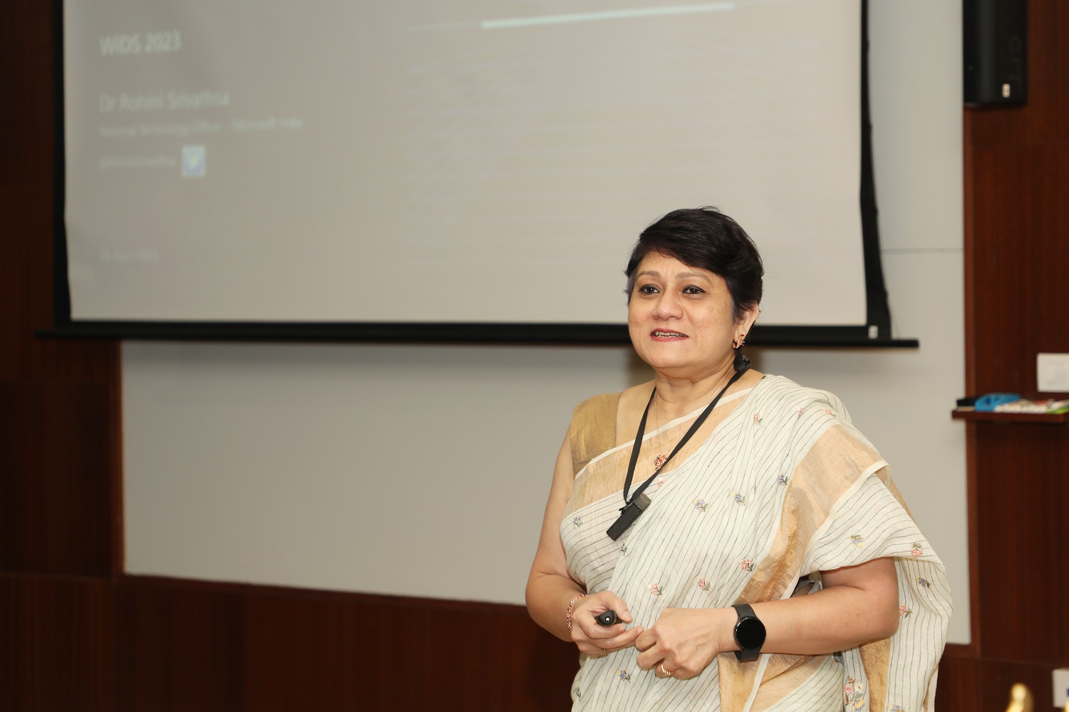 Dr. Rohini Srivathsa, National Technology Officer, Microsoft, delivers the keynote address on 'Demystifying Generative AI' at Women in Data Science Bangalore Conference 2023.