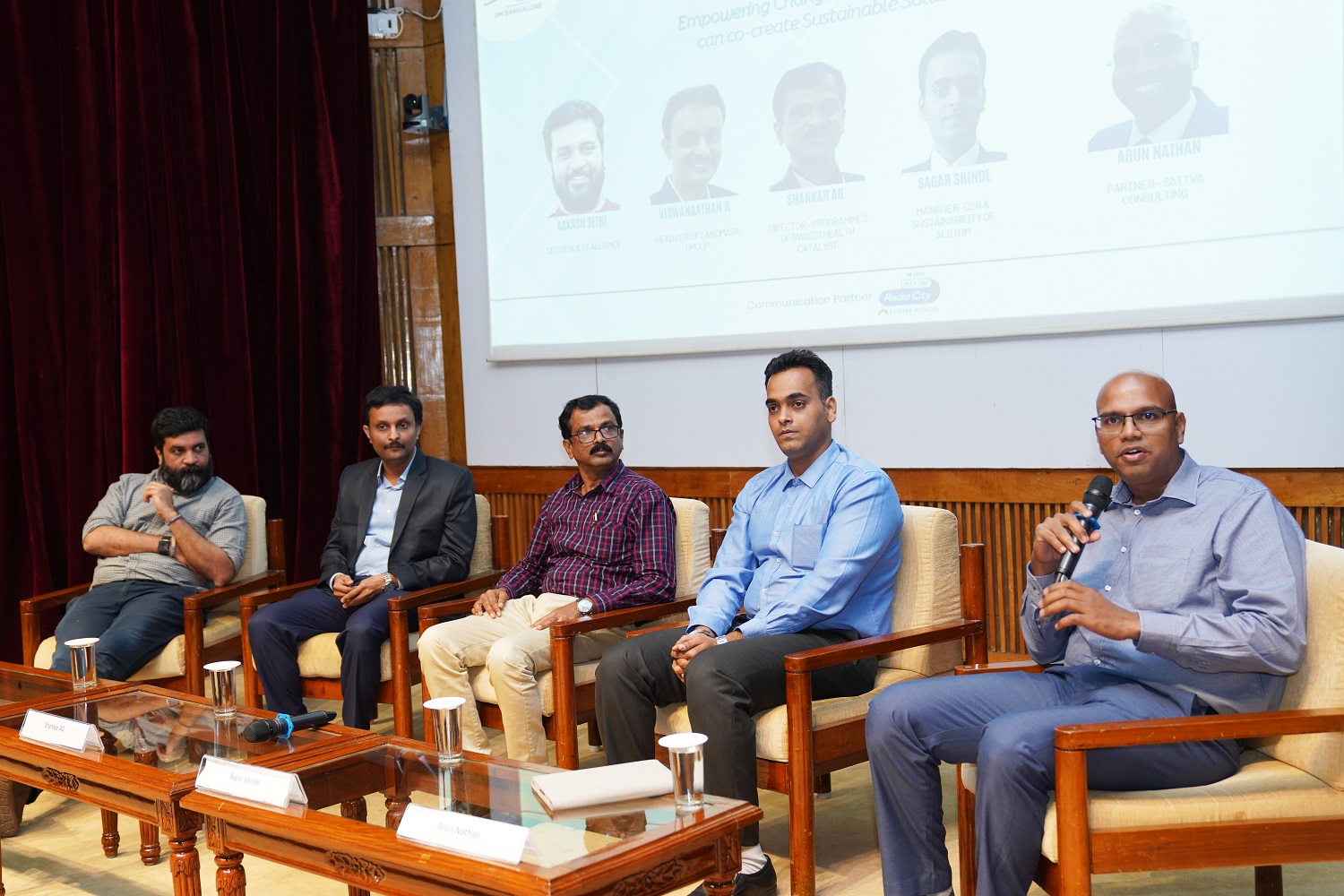 Arun Nathan, Partner, Sattva Consulting, moderates the expert panel discussion on 'Empowering Change: How NGOs and CSR Can Co-create Sustainable Solutions'. (L-R): Aakash Sethi, CEO, Quest Alliance; Viswanaathan Radhakrishnan, CSR Head, Landmark Group; Shankar AG, Director of Programs, Swasti Health Catalyst; Sagar Sanjay Shinde, Manager, CSR & Sustainability, Alstom and Arun Nathan.