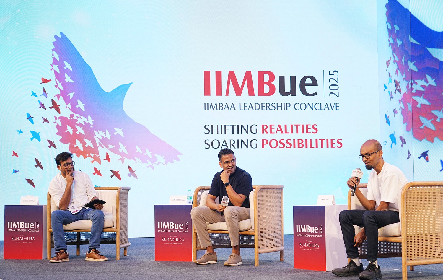 (L–R) Mainak Chakraborty, CEO of GPS Renewables; Nithin Kamath, CEO & Founder of Zerodha and Rainmatter; and Sahil Barua, Co-Founder, MD & CEO of Delhivery, gave glimpses of what it takes to innovate at scale during the session, ‘Ideas to Institutions: A Founder’s Journey’.