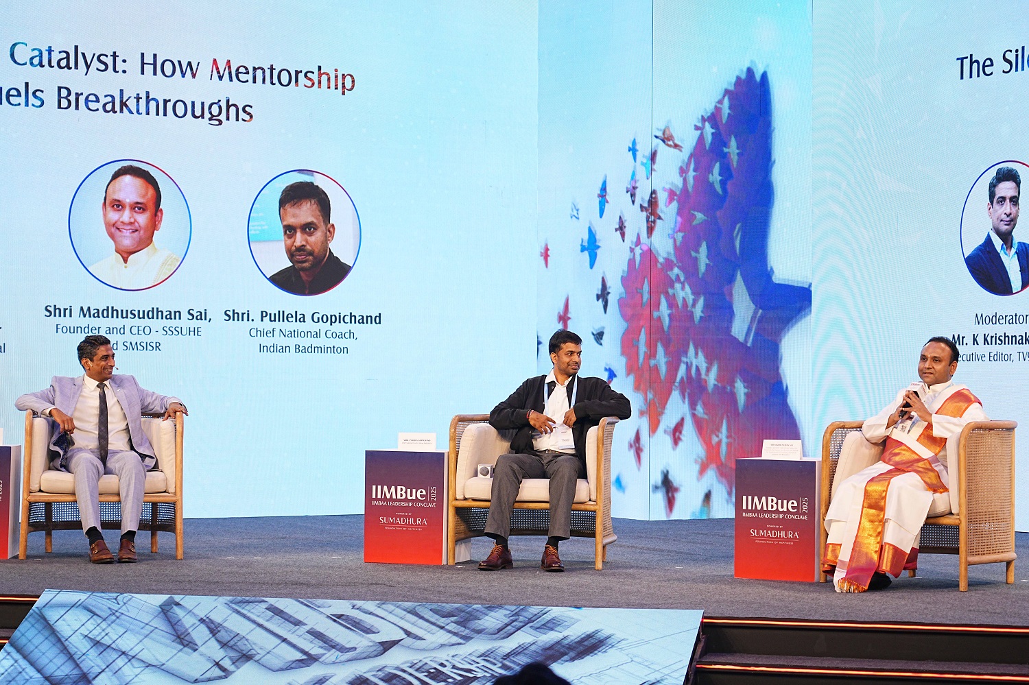 (L-R) Krishnakumar K, journalist, P. Gopichand, Chief National Coach for the India national badminton team; and Madhusudhan Sai, humanitarian, engage in a conversation on the craft of mentorship.