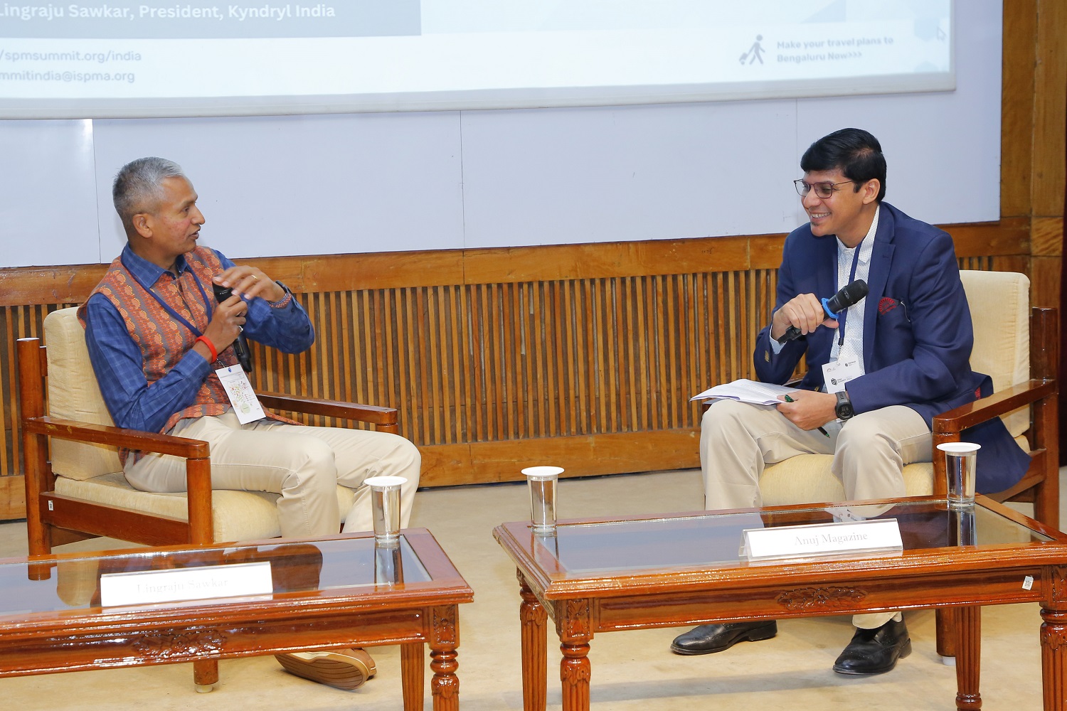 (L-R) Lingraju Sawkar, President of Kyndryl India and Anuj Magazine, Co-founder of Stealthtech Venture, at the Fireside Chat with, on "Navigating Product Leadership Challenges in the GenAI Era" on Day 2 of the India Software Product Management Summit 2024 on 17th February 2024.