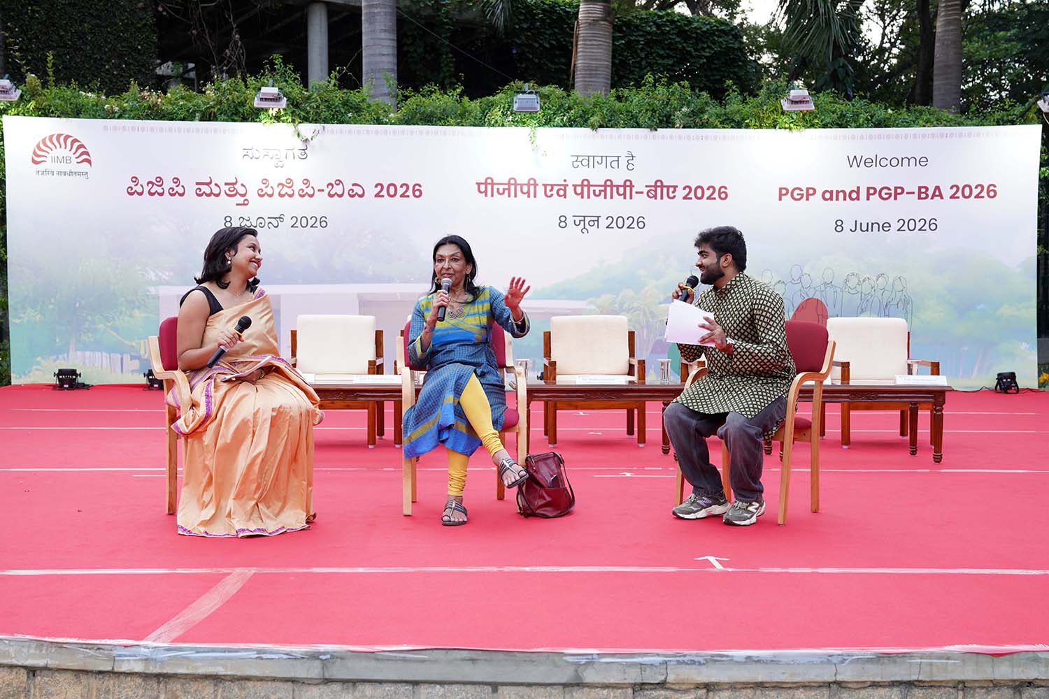 Second-year PGP students moderate the fireside chat with Dr. Mallika Sarabhai.