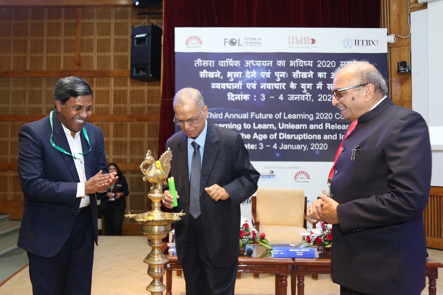 N R Narayana Murthy, Chairman Emeritus and Co-Founder, Infosys, lights the ceremonial lamp to inaugurate Future of Learning Conference 2020, co-hosted by IIMB and IIT-Bombay, at IIMB, on January 04, 2020.
