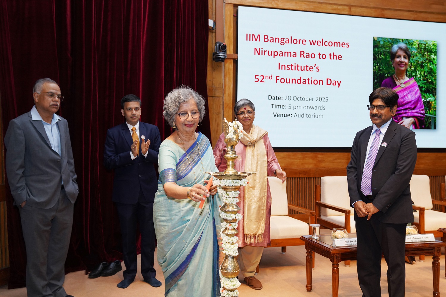 L-R: Prof. M Jayadev, Dean, Administration, Chairperson, Centre for Capital Markets & Risk Management, and faculty of the Finance & Accounting area; Prof. Sourav Mukherji, Dean, Faculty and Alumni Relations & Development, and faculty of the Organizational Behavior & Human Resources Management area; Nirupama Rao, former Foreign Secretary of India; Prof. Malavika R. Harita, Founder & CEO, Brand Circle, and Member, IIMB Board of Governors, and Prof. U Dinesh Kumar, Director In-charge, IIM Bangalore, during the inauguration of IIM Bangalore’s 52nd Foundation Day celebrations, on 28th October 2025.