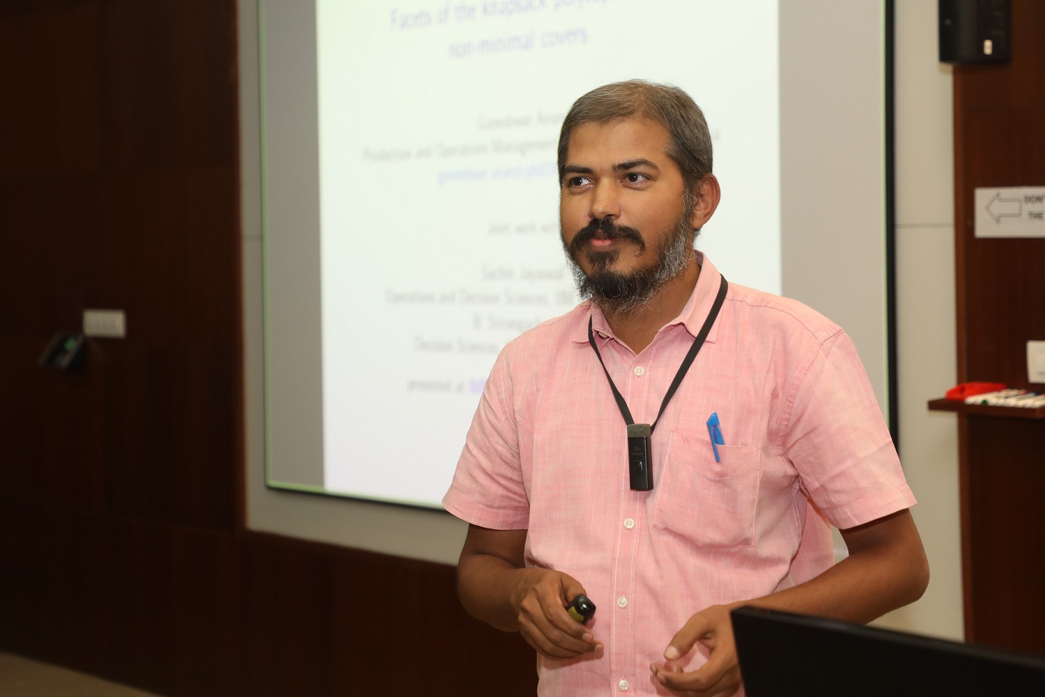 Guneshwar Anand, IIM Visakhapatnam, presents his paper titled, ‘Facets of the knapsack polytope from non-minimal covers’, at the IMR Doctoral Conference, at IIMB on 2nd February 2024.