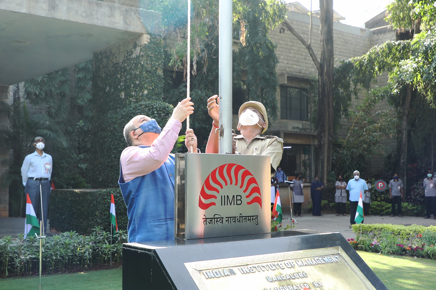 Professor Rishikesha T. Krishnan, Director, IIM Bangalore, unfurls the national flag to mark India’s 73rd Republic Day celebrations on campus.