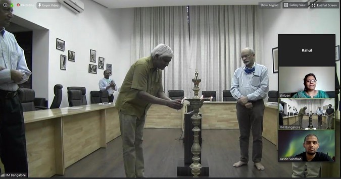 Prof. K Kumar, Dean – Alumni Relations & Development, Prof. R Narayanswamy, Chair – EPGP, and Prof. G Raghuram, Director, IIM Bangalore, lighting the lamp at EPGP Batch 2020-21 Inauguration held on May 06, 2020