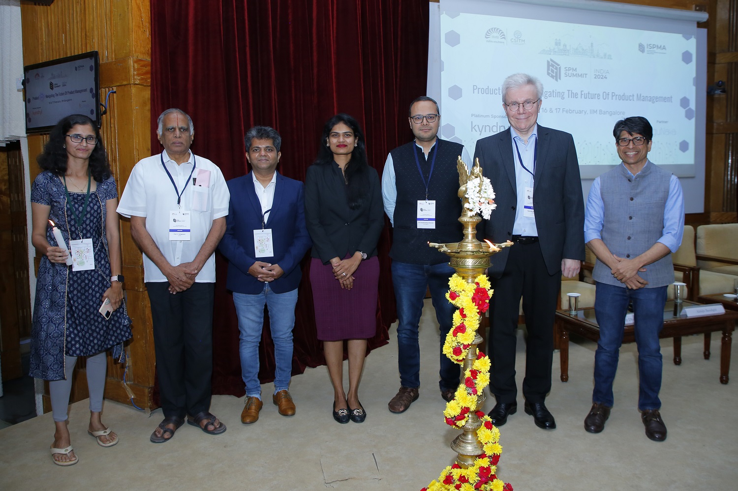 Program Chair (Academic Track) Prof. Spurthy Dharanikota, faculty from the Information Systems area of IIM Bangalore, Prof. Shankhadeep Banerjee, Chairperson of the Centre for Software & Information Technology Management as well as IT Facilitation Committee and faculty of the Information Systems area of IIMB and other dignitaries during the inauguration of the sixth India Software Product Management Summit, hosted jointly by IIM Bangalore’s Centre for Software and IT Management and the International Software Product Management Association, on 16th February 2024.