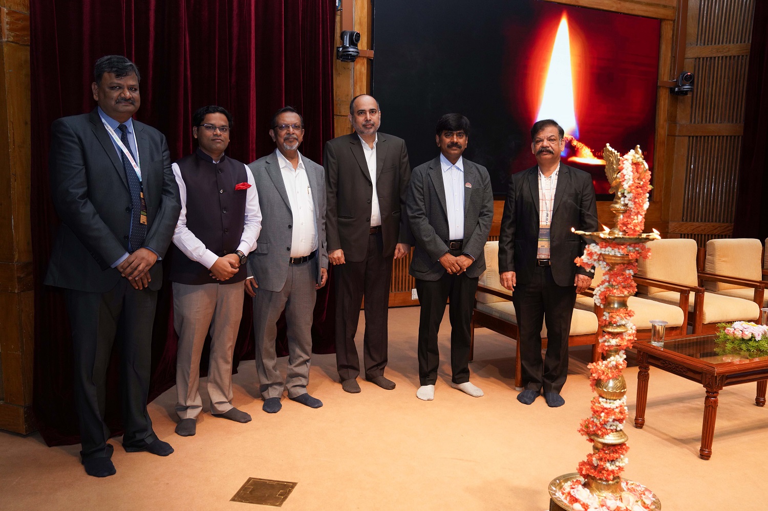 L-R: Dr. Aditya Gupta, Chief Operations Officer, SCMC, IIMB; Prof. Rajeev R. Tripathi, Chairperson, SCMC; Sujoy Guha, CEO & MD, CriticaLog; Ajay Nair, Partner and Leader for Supply Chain Transformation, PwC India; Prof. Dinesh Kumar, Director In-charge, IIM Bangalore; and Dr. Radha Mohan Gupta, Supply Chain Strategist, Independent Director and Mentor, Devyani International at the lamp lighting ceremony at the 9th Biennial Supply Chain Management Conference 2025, IIM Bangalore.