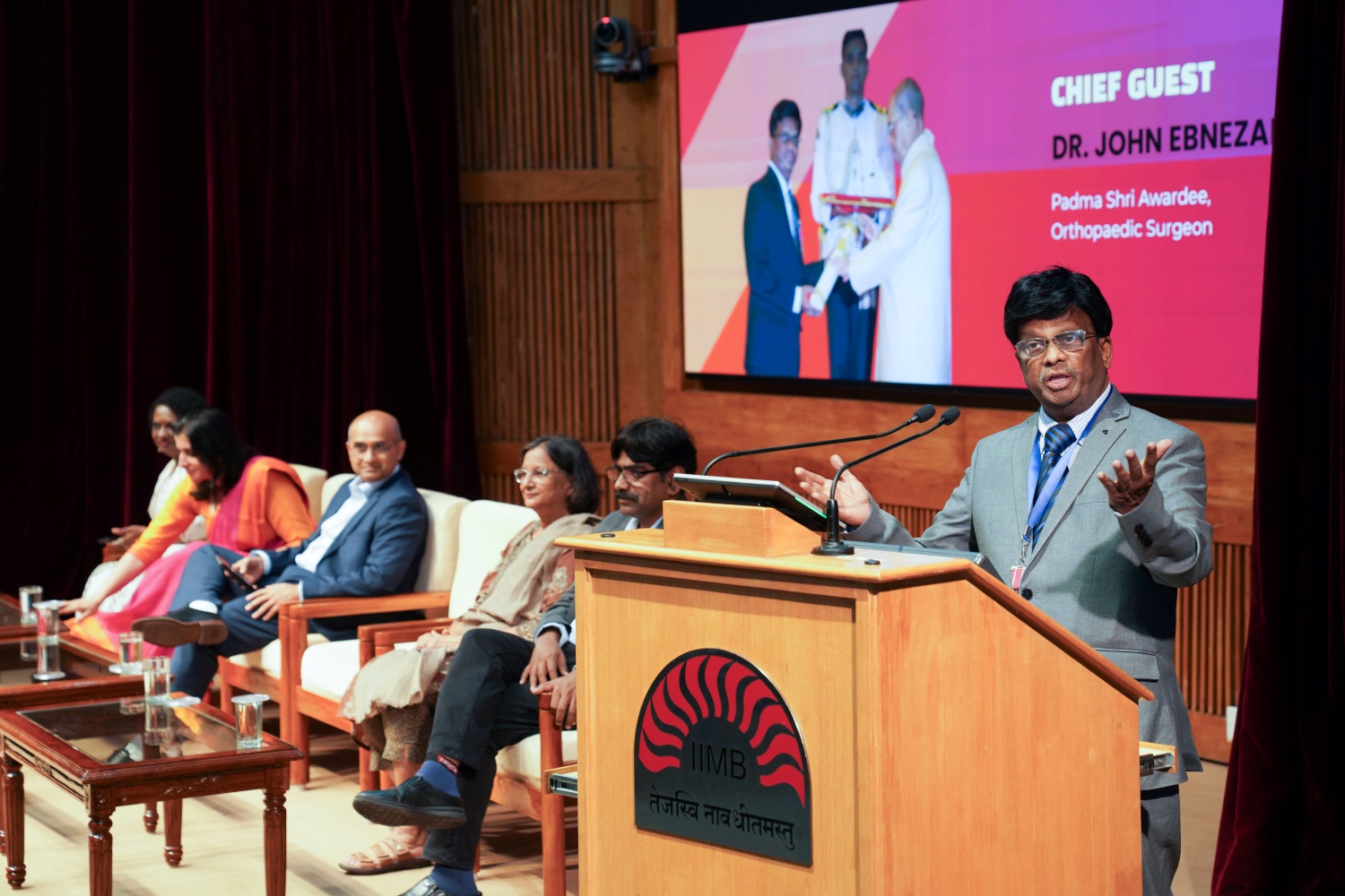 Dr. John Ebnezar, Padma Shri awardee and orthopaedic surgeon, tells students to "excel in the university of life, not just academics," as he delivers the Chief Guest address at the VENIX 2026 inauguration.