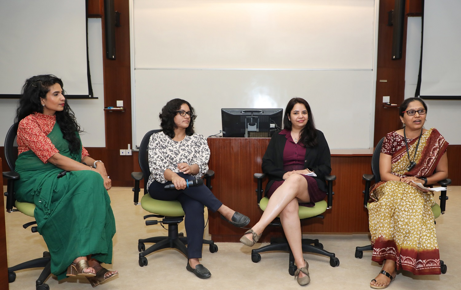 Sharada Sringeshwara, Consultant DCAL, IIMB, moderated the panel discussion on ‘AI Adoption’ at WiDS Bengaluru Conference. (L-R) Ranjani Mani, Global Analytics Leader,Atlassian; Deepika Sandeep, Director AI/ML; Sustainability; Energy Transition; Innovation Strategy, Honeywell; Kamiya Motwani, Director Data Science, Walmart Global Tech, and Sharada Sringeshwara.