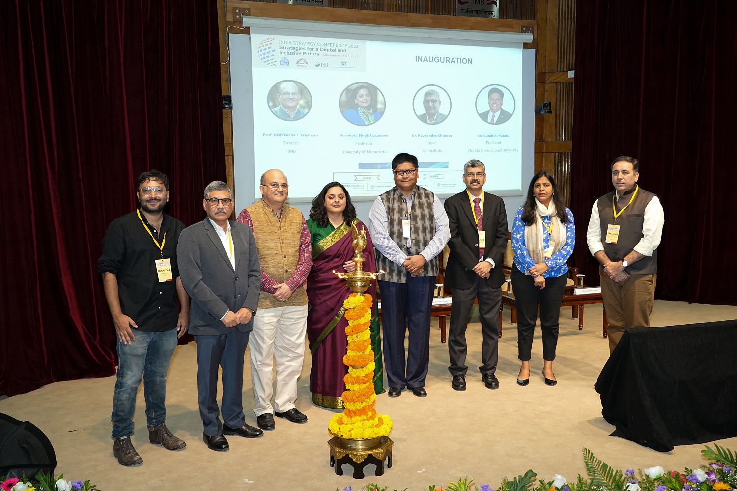 Prof. Prateek Raj, Strategy Area, IIMB; Prof. Raveendra Chittoor, Dean, Jio Institute; Prof. Rishikesha T Krishnan, Director, IIMB; Prof. Gurneeta Vasudeva Singh, University of Minnesota; Prof. Sumit Kundu, Florida International University; Prof. Rejie George Pallathitta, Strategy area, IIMB; Prof. Chitra Singla, IIMA; Prof. Amit Karna, IIMA, at the inauguration. 
