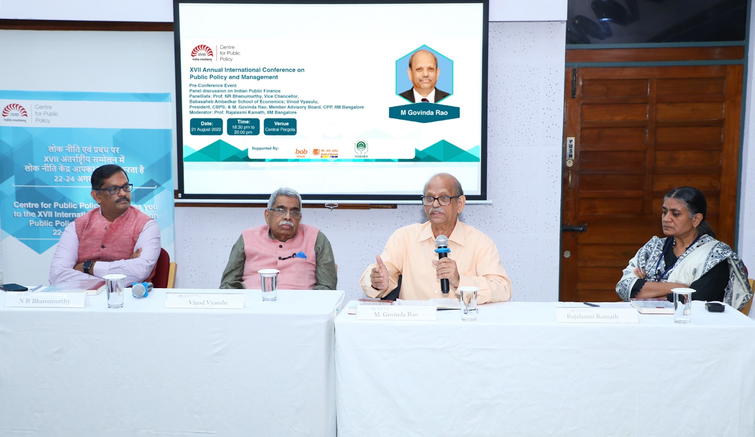 (Panel 1) In a pre-conference event on 21st August 2022, Prof. Rajalaxmi Kamath, from the Centre for Public Policy, moderates a panel on Indian Public Finance. The panellists include Prof. NR Bhanumurthy, Vice Chancellor, Babasaheb Ambedkar School of Economics, Vinod Vyasulu, President, CBPS, and M. Govinda Rao, who is on the advisory committee of the Centre for Public Policy.