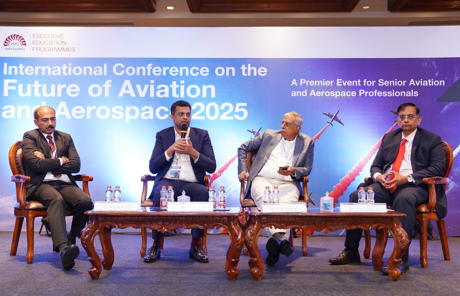 (L–R) Kaushal Jadia, SVP & CTO, Cyient; Anuj Jhunjhunwala, CEO, JJG Aero; F.R. Singhvi, Jt. Managing Director, Sansera Engineering Pvt. Ltd.; and Dr. Srinivasan Dwarakanath, Director General, Aerospace India Association, during the panel discussion on ‘Design and Manufacture in India for the Global Aerospace and Aviation Market: Opportunities and Challenges.