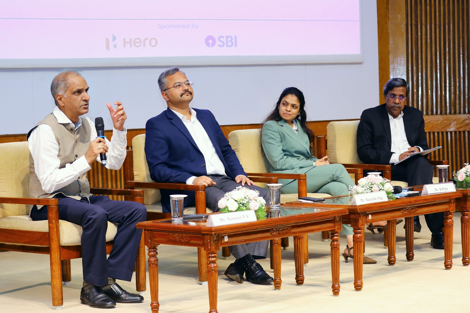 Prof. P D Jose, Faculty from the Strategy area, moderated the panel discussion on "Sustainable Strategies: Accelerating Green Transformation". (L-R) Narayan P S, Global Head- Sustainability and Social Initiatives, Wipro Ltd.; Kanishk Negi, Sustainable Procurement Director, Schneider Electric; Priya B, Director, EY and Prof. P D Jose.