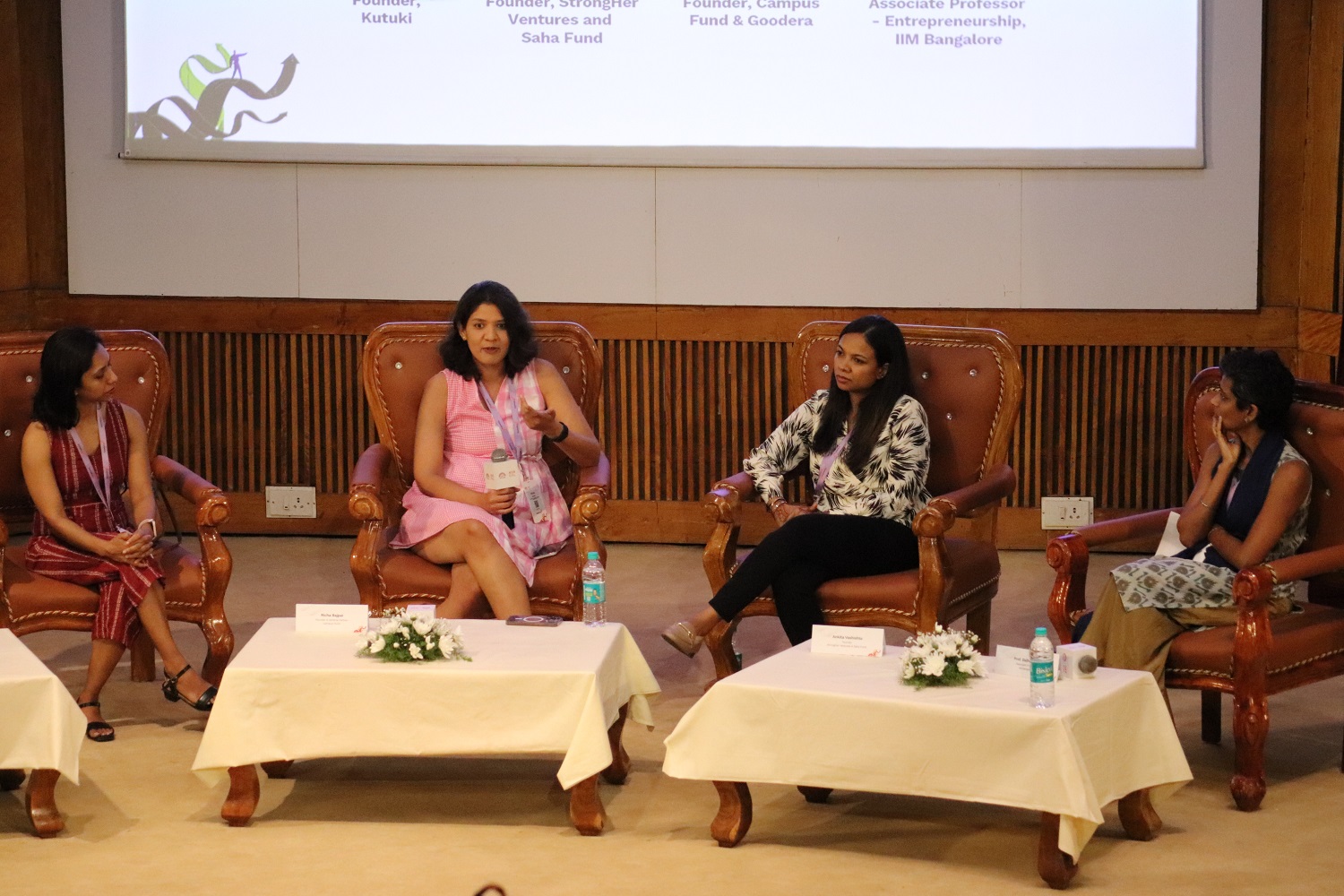 Sneha Sundaram, Founder, Kutuki; Ankita Vashishta, Founder, StrongHer Ventures & Saha Fund; Richa Bajpai, Founder & General Partner, Campus Fund and Prof. Dalhia Mani, faculty from the Entrepreneurship area, IIMB, at the panel discussion on “Woman innovators - What sets them apart’.